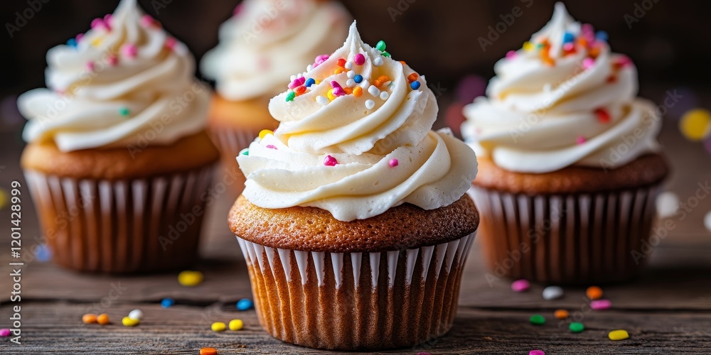 Aufkleber gourmet cupcakes adorned with white buttercream frosting and colorful sprinkles set on a rustic wood