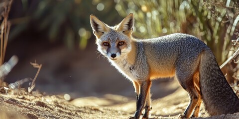 Fototapeta premium A male Gray Fox attentively observes his environment, showcasing the keen awareness and alert nature of the Gray Fox as it surveys its surroundings for any signs of activity.