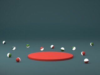Scene with geometrical forms for cosmetic product presentation. Empty mock up. Minimal scene with podium and abstract background. Geometric shapes. Green and coral colors scene. Minimal 3d rendering.