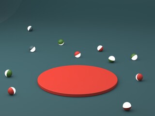Scene with geometrical forms for cosmetic product presentation. Empty mock up. Minimal scene with podium and abstract background. Geometric shapes. Green and coral colors scene. Minimal 3d rendering.