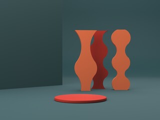 Scene with geometrical forms for cosmetic product presentation. Empty mock up. Minimal scene with podium and abstract background. Geometric shapes. Green and coral colors scene. Minimal 3d rendering.