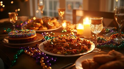 Fototapeta premium Festive Mardi Gras Dining Table with Traditional Cuisine and Vibrant Decorations. Concept of Celebration, Cultural Festivity, Elegant Dining