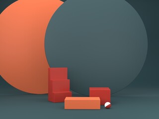 Scene with geometrical forms for cosmetic product presentation. Empty mock up. Minimal scene with podium and abstract background. Geometric shapes. Green and coral colors scene. Minimal 3d rendering.