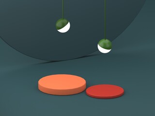 Scene with geometrical forms for cosmetic product presentation. Empty mock up. Minimal scene with podium and abstract background. Geometric shapes. Green and coral colors scene. Minimal 3d rendering.