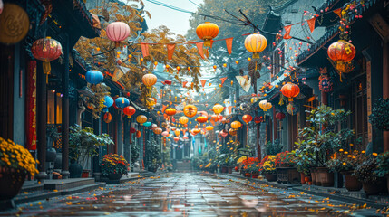 Ancient street decorated with lots of bright flags, lanterns and symbols, creating an atmosphere of celebration and joy. Chinese New Year celebration traditions. Colorful street decoration.