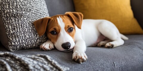 Obraz premium Playful crossbreed puppy dog relaxing on the couch, showcasing the adorable nature of a crossbreed puppy dog while enjoying its cozy spot on the comfortable couch.