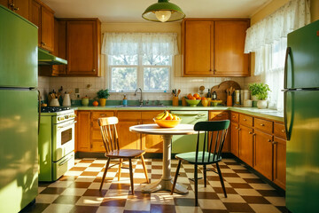 Fototapeta premium Vintage 1980s-style retro kitchen with avocado green appliances, wooden cabinets, checkered floor, morning sunlight streaming through windows