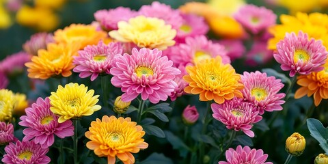 Chrysanthemums flowers display their beauty in the garden, showcasing vibrant colors and delicate petals that enhance the garden s overall charm. Experience the beauty of chrysanthemums flowers in