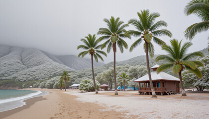 Deserted beach with snow-covered palm trees and a beach hut under soft lighting
