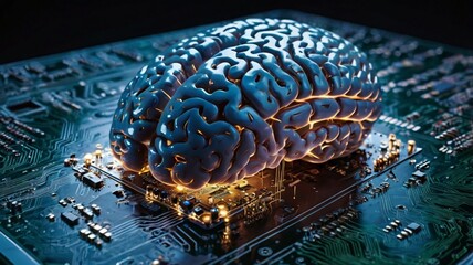 Glowing digital brain hovers over a circuit board with data streams, illustrating artificial intelligence and machine learning in finance
