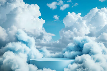 A dynamic blue background with a podium surrounded by soft blue clouds, ideal for showcasing fresh, innovative products.