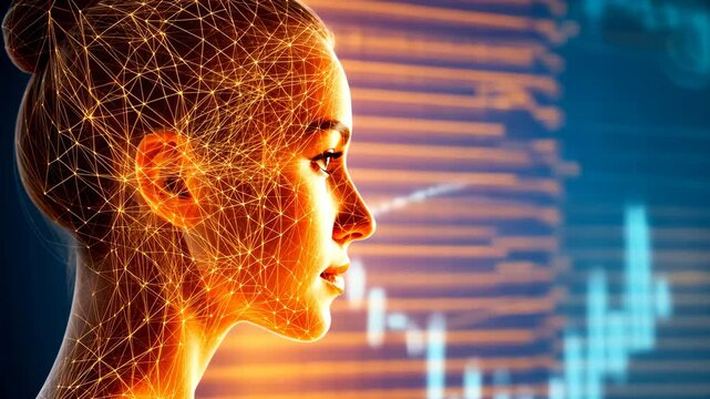 A close up side profile silhouette of a human head set against a background of interconnected hexagons and rows of hexadecimal data, symbolizing the intersection of technology and thought processes.