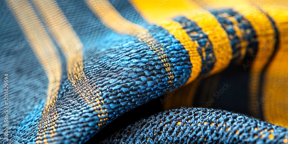 Aufkleber close up image showcasing handmade material featuring a vibrant design with blue and yellow stripes,