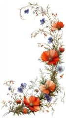 Elegant floral arrangement with red poppies, blue flax flowers, and greenery, curving gracefully.