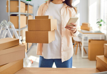 SME owner logistic supervisor on small warehouse background hold packed boxes use cell phone communicate email text message client scan bar code barcode monitor status in mail post data network system