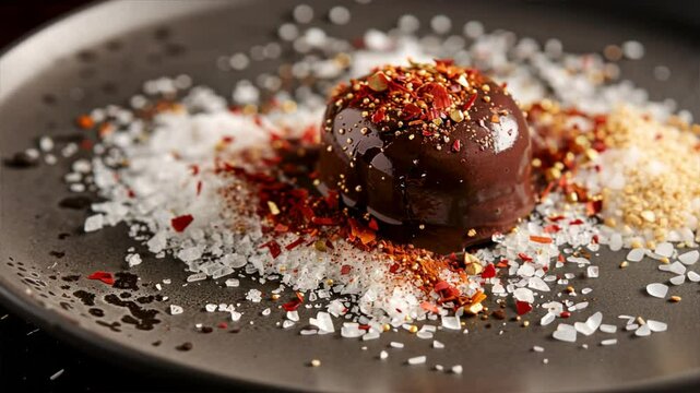 Decadent gourmet cho te dessert with spices and sea salt, beautifully presented on dark plate for exquisite culinary experience.