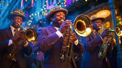 African American jazz band playing saxophones and trumpets during a vibrant Mardi Gras night parade. Concept of cultural heritage, festive music, lively celebration, tradition, artistic performance