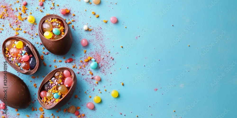 Poster halves of chocolate eggs adorned with colorful jelly and sweet powder create a circular pattern with