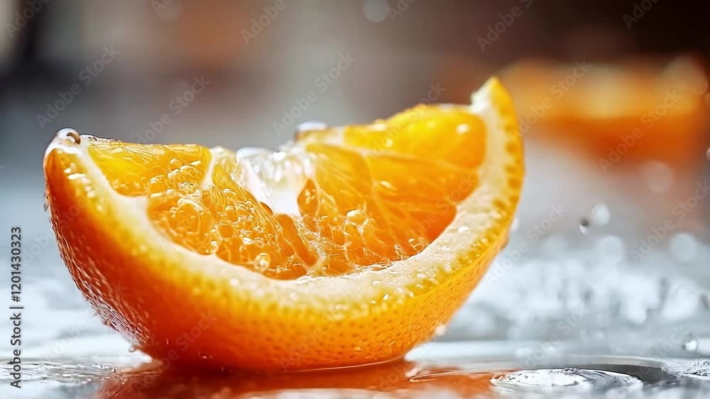 Poster a slice of juicy orange bursts into water, creating a stunning display of droplets and vibrant color