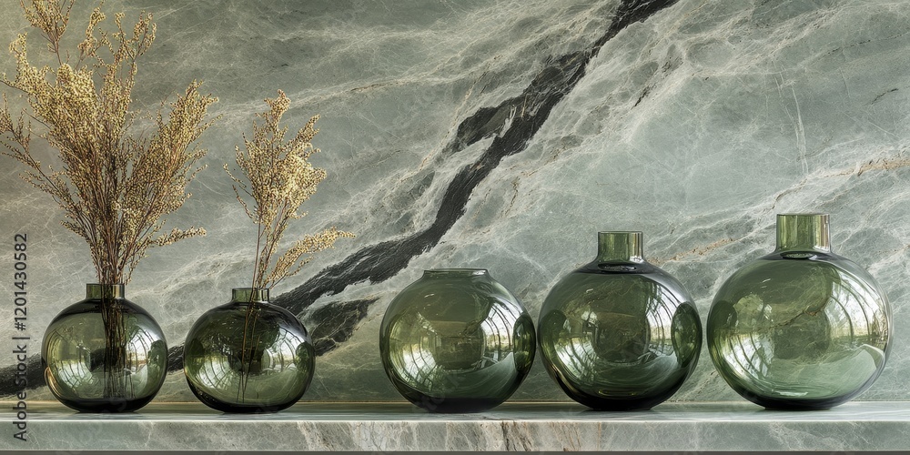 Fototapete a series of round vases made from transparent green glass is arranged in a line against a marble bac