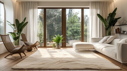 The elegant living room with wooden floors and sofas. The other chair was set aside. and highlight minimalist decor that includes curtains, coffee tables, armchairs, plants, potted plants.