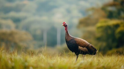 Fototapeta premium A solitary turkey stands gracefully in a lush green field, surrounded by a soft, blurred background of trees and foliage.
