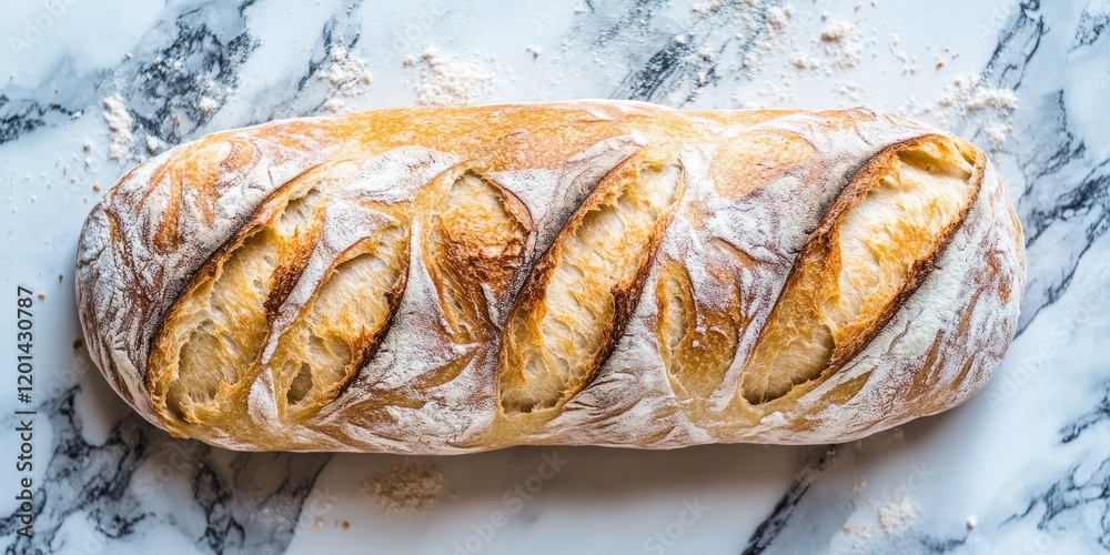 Poster overhead view of delicious italian bread showcasing its texture and crust, ideal for highlighting it