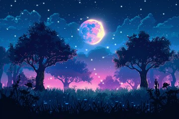 A serene night scene with a large moon illuminating a tranquil forest filled with trees and stars.