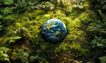 A depiction of a blue and green earth placed on top of a ground covered in vibrant green moss. Earth day