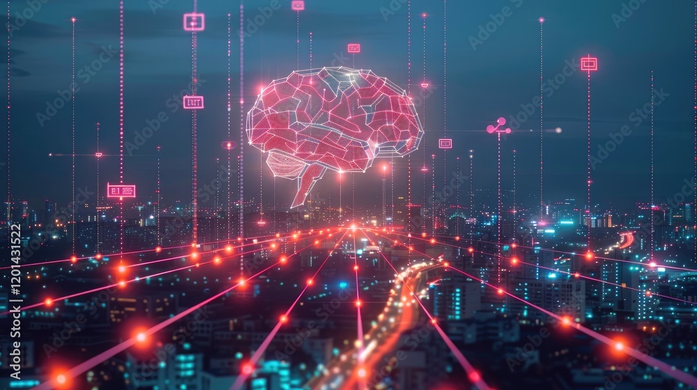 Aufkleber Illustrate a simple power grid with a central A.I. brain and from it, power lines branching out to different business areas represented by icons. The lines glow.