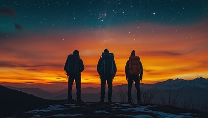 Fototapeta premium Hikers Watch Breathtaking Sunset & Starry Night Sky Above Mountain Range