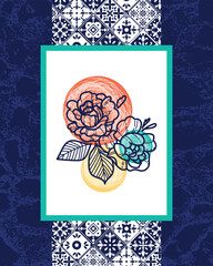 Colorful artistic illustration featuring a bold floral arrangement on abstract shapes and tile patterns. Perfect for decorative, artistic, and design themes inspiring modern and traditional creativity