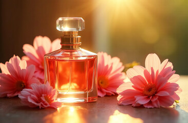 Perfume bottle without labels, beautiful flowers nearby, flower heads, mockup. Light background, shadows.