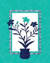 Abstract Floral Illustration With Vibrant Colors and Graphic Patterns. Vibrant styled graphic art showcasing abstract potted flowers framed with bold geometric and textured borders.