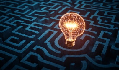 A glowing lightbulb at the center of a maze shaped like a human head, symbolizing the process of solving complex problems and finding clarity