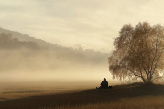 Serene Misty Landscape with Silhouette by a Tree