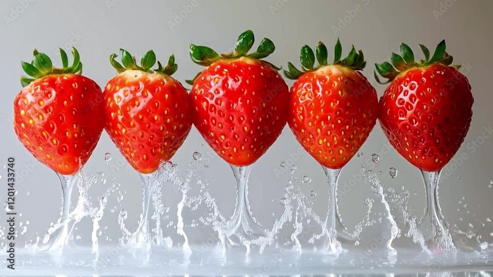 Poster fresh strawberries are captured mid-splash as water creates dynamic droplets around them. this livel