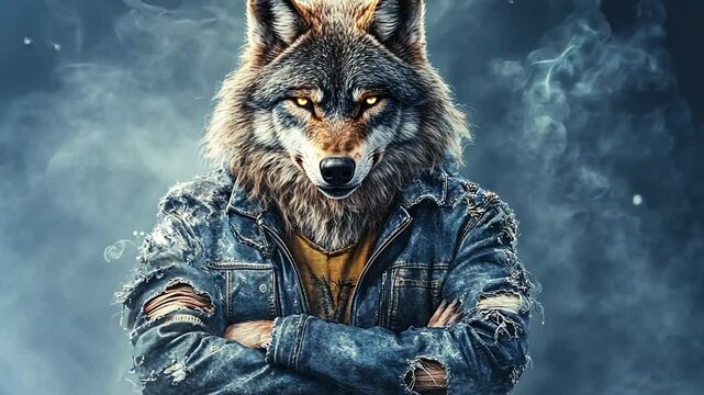 Epic wolf character in a rugged denim jacket with a fierce expression and dramatic lighting