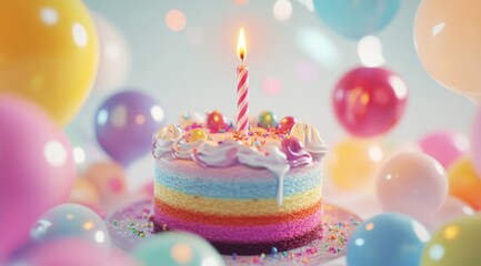 birthday cake with candles and colorful balloons on light background 