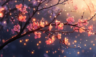 A branch elegantly adorned with blossoms and small lights, artistically capturing a moment of beauty and serenity, blending nature and creativity smoothly.