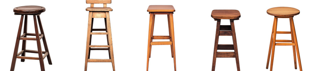 Set of old wooden bar stools isolated on a transparent background 