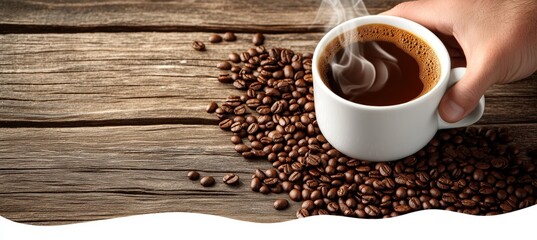 Naklejka premium Steaming Cup of Freshly Brewed Black Coffee on Rustic Wooden Table with Scattered Coffee Beans