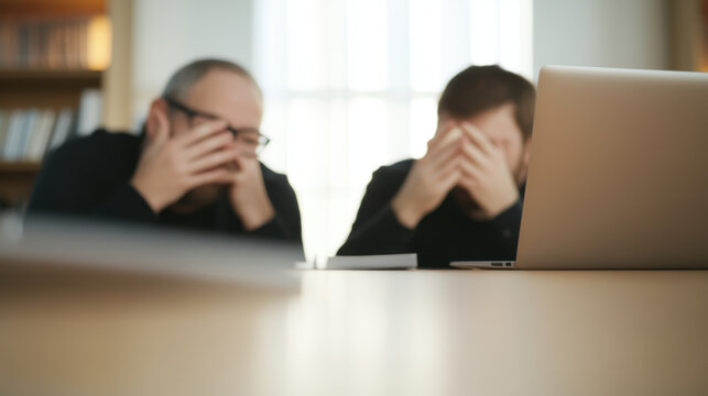 Frustrated coworkers struggling with ideas in office setting, focusing on laptop. Their expressions convey stress and concern as they brainstorm solutions - Powered by Adobe