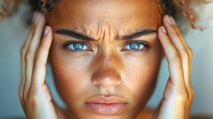 Fototapeta premium A young woman with curly hair shows intense frustration, holding her forehead with both hands. Her vivid blue eyes and furrowed brows reflect her emotional state