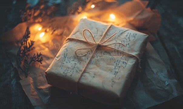 A carefully wrapped parcel tied with string sits in soft light, evoking a sense of anticipation and warmth, ideal for gift-giving occasions and thoughtful presentations