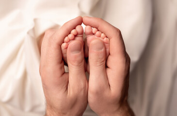 Baby feet of a newborn in dad's hands. On a white background.