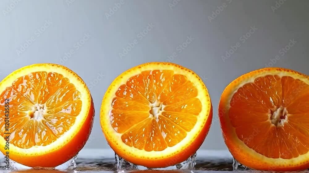Poster Three vibrant orange slices rest on a reflective surface, creating a lively splash as they meet the water.