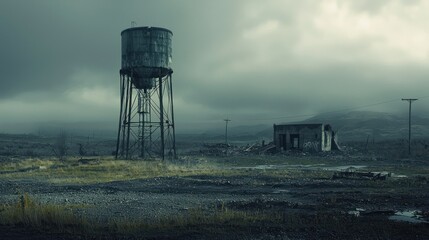 Post-Apocalyptic Landscape: A Solitary Water Tower Amidst Ruins