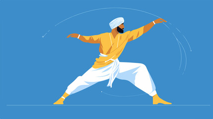 Indian Man Practicing Gatka: Traditional Martial Art Flat Vector Illustration
