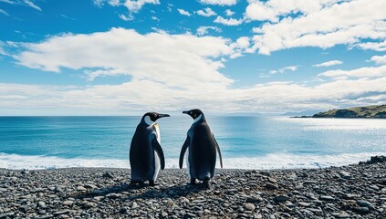 King Penguins Meet on Rocky Shore, Ocean View, Sunny Day, Antarctic Wildlife, Majestic Birds